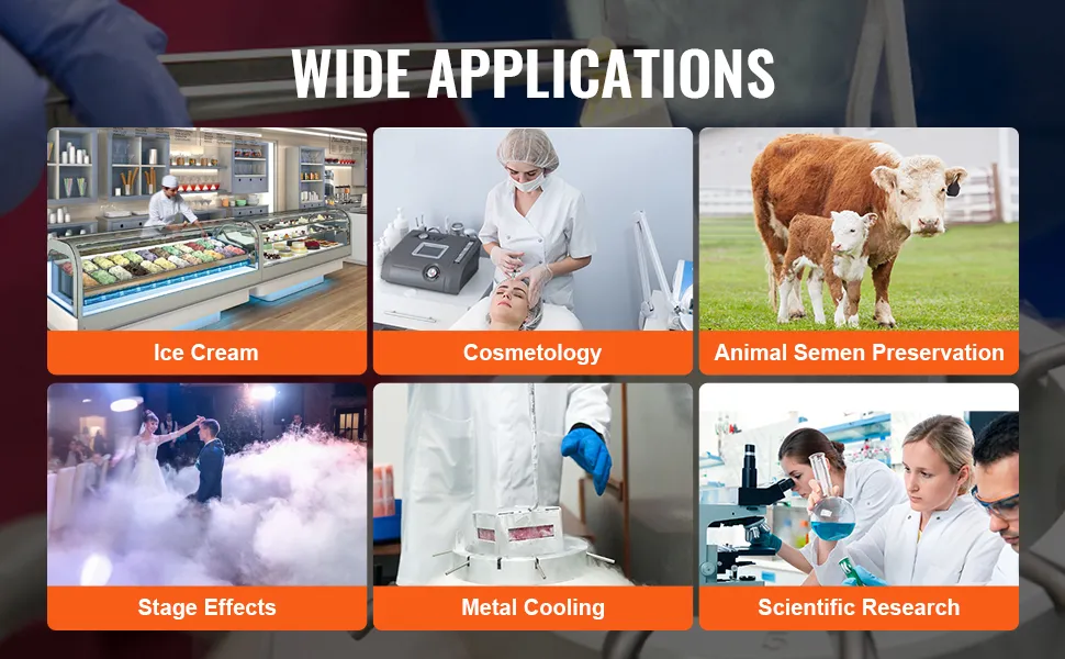 Amplias aplicaciones del tanque de nitrógeno líquido VEVOR en helados, cosmetología, efectos escénicos e investigación.
