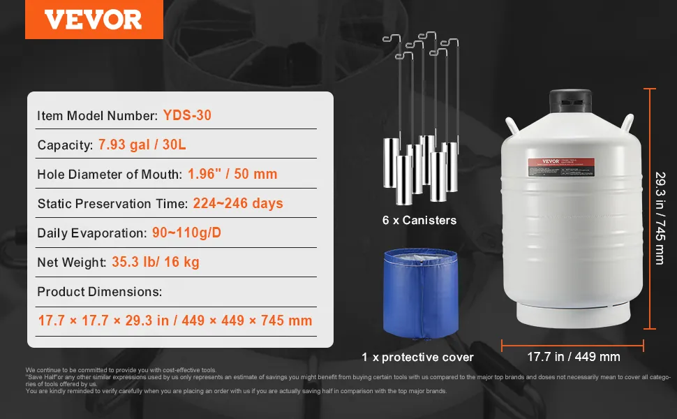 VEVOR liquid nitrogen tank yds-30 with 30l capacity, 6 canisters, 1 protective cover, and key dimensions.