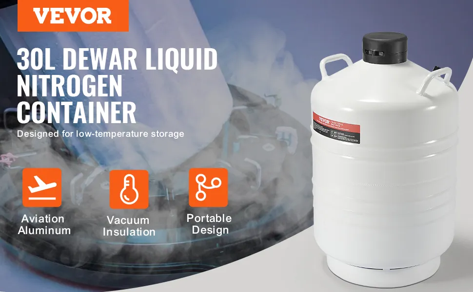 VEVOR liquid nitrogen tank with a 30l capacity, aviation aluminum build, vacuum insulation, and portable design