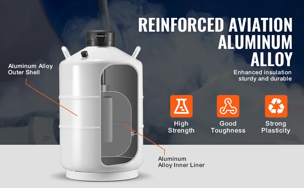 VEVOR liquid nitrogen tank with aviation aluminum alloy, high strength, good toughness, and plasticity.