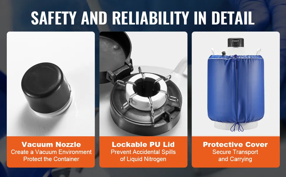 VEVOR liquid nitrogen tank safety features: vacuum nozzle, lockable pu lid, protective cover.