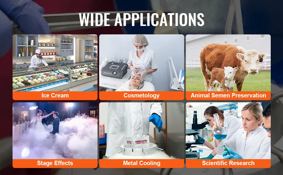 wide applications of VEVOR liquid nitrogen tank: ice cream, cosmetology, stage effects, research.