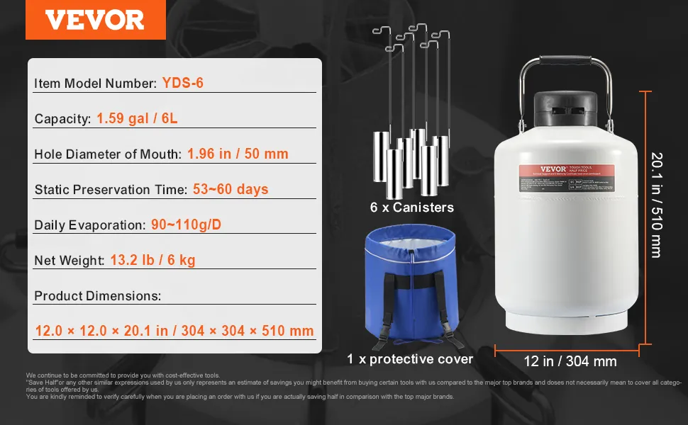 VEVOR liquid nitrogen tank yds-6, 6l capacity, with 6 canisters and a protective cover, dimensions: 12x12x20.1 in.