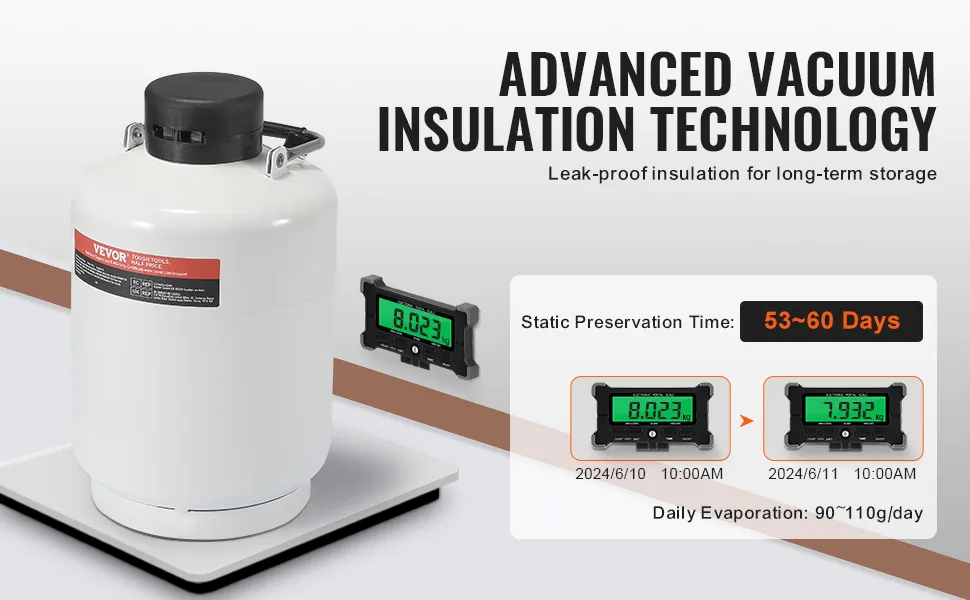 VEVOR liquid nitrogen tank with advanced vacuum insulation for 53-60 days of static preservation.