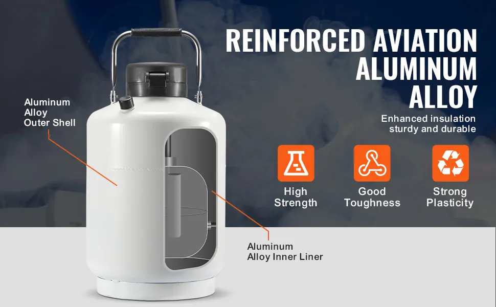 VEVOR liquid nitrogen tank with reinforced aviation aluminum alloy for high strength and durability.