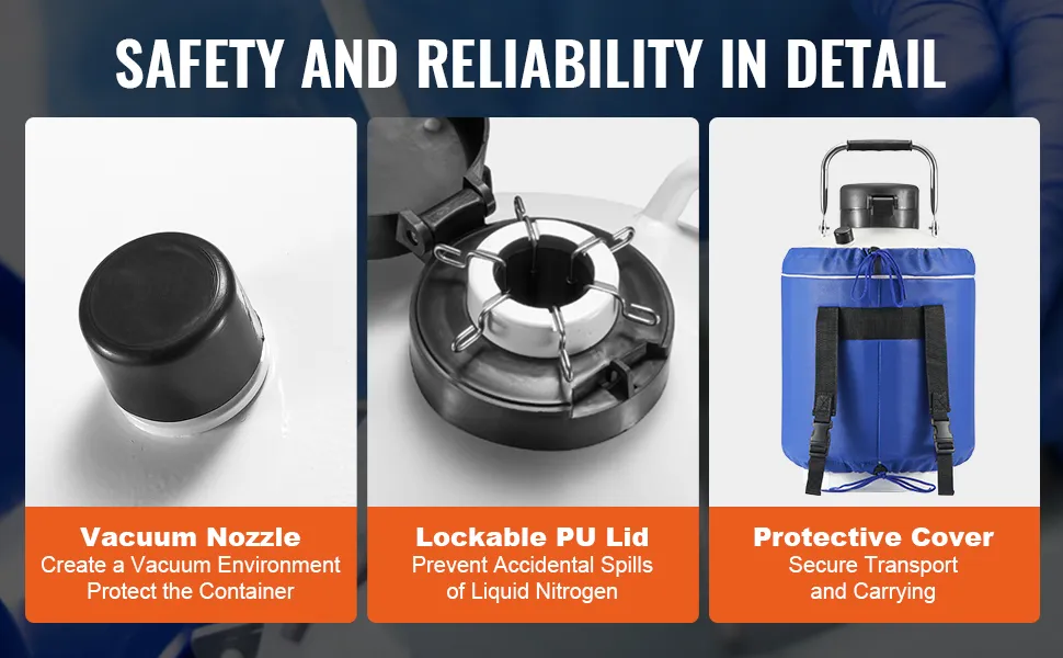 VEVOR liquid nitrogen tank features a vacuum nozzle, lockable pu lid, and a protective cover for safe transport.