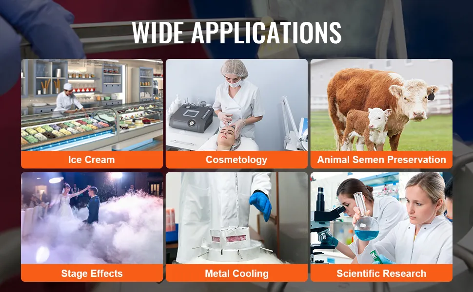 wide applications of VEVOR liquid nitrogen tank: ice cream, cosmetology, animal semen preservation.