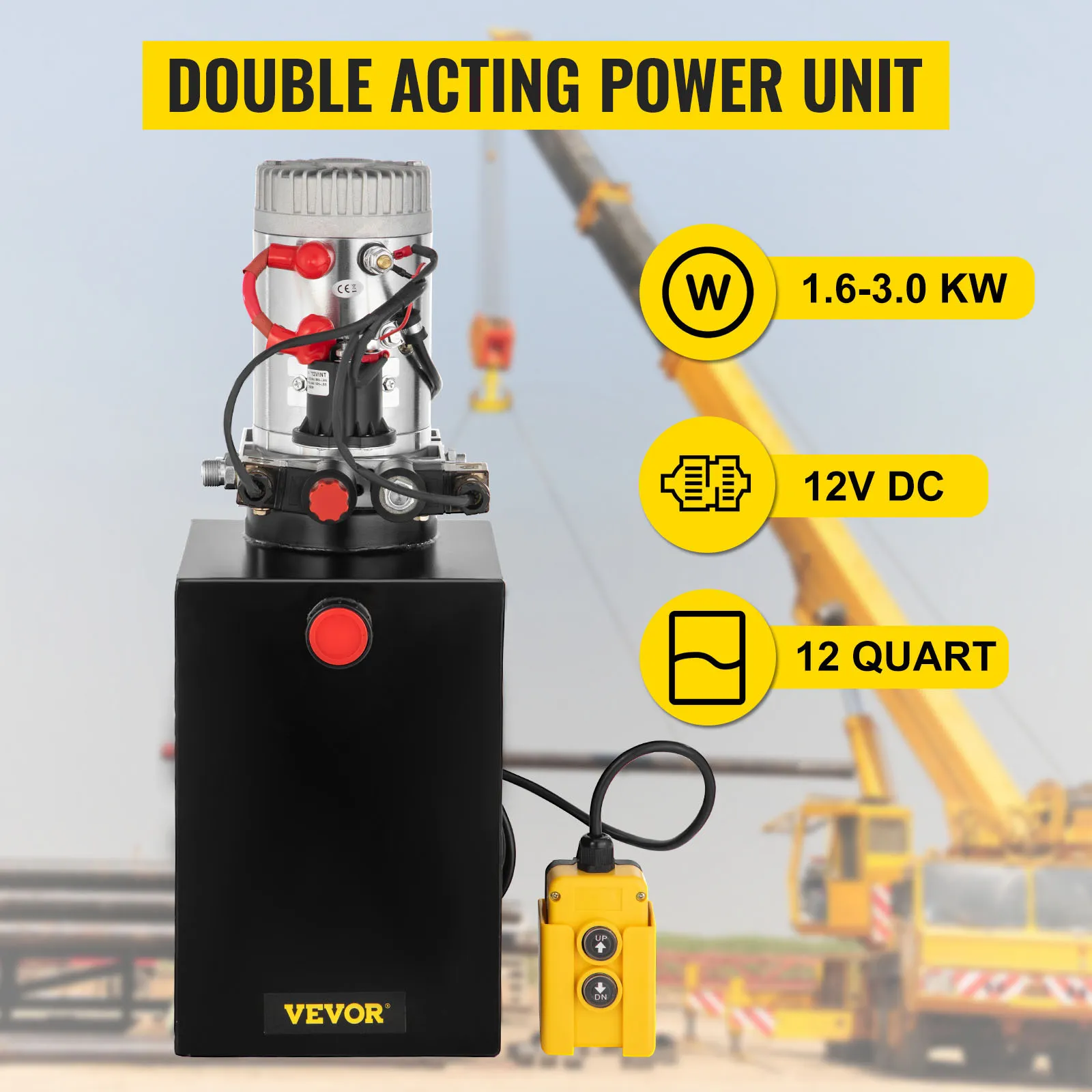 Bomba hidráulica VEVOR mostrada con texto y grúa de 1,6-3,0 kW, 12 V CC y capacidad de 12 cuartos.