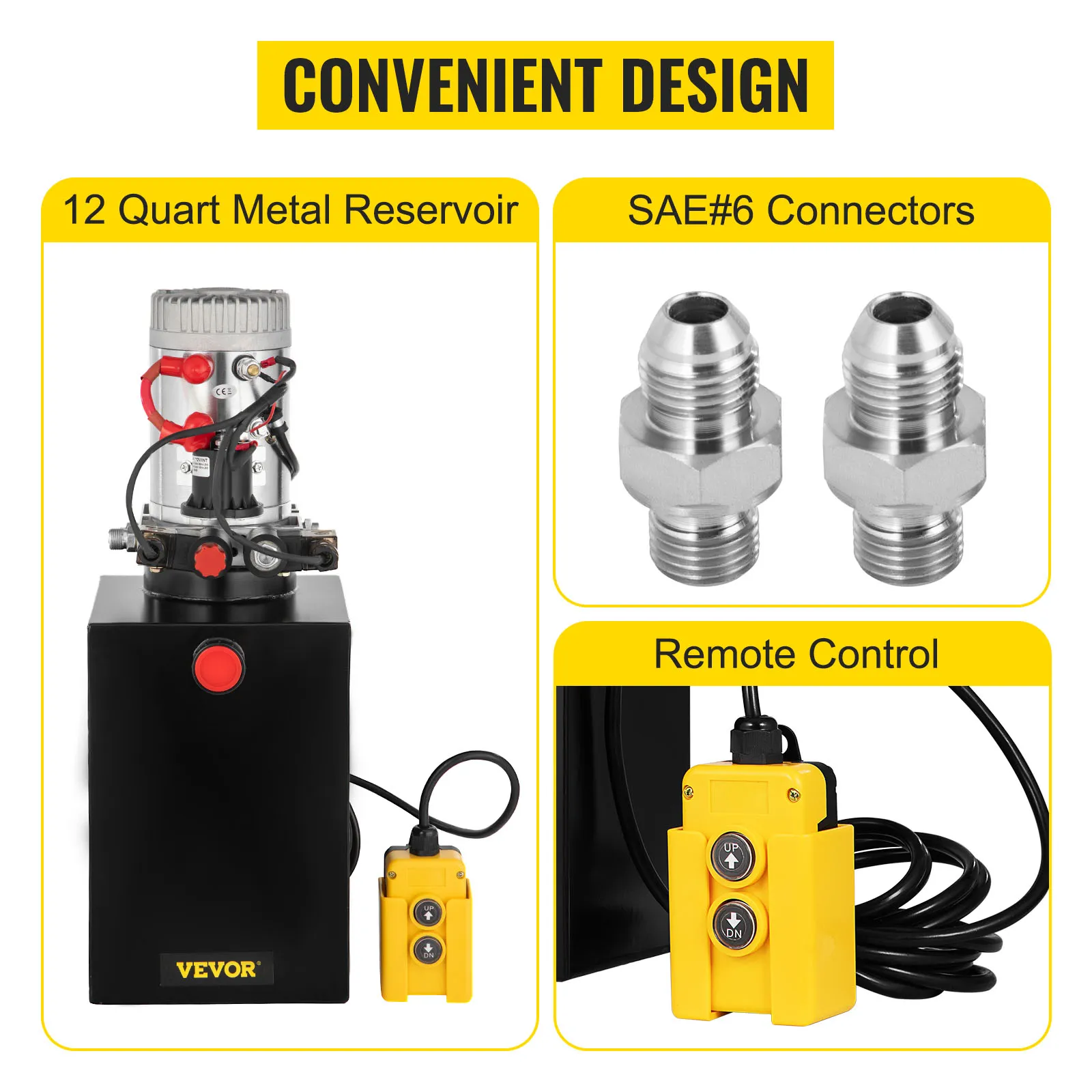 Bomba hidráulica VEVOR con depósito de 12 cuartos, conectores sae # 6 y control remoto.