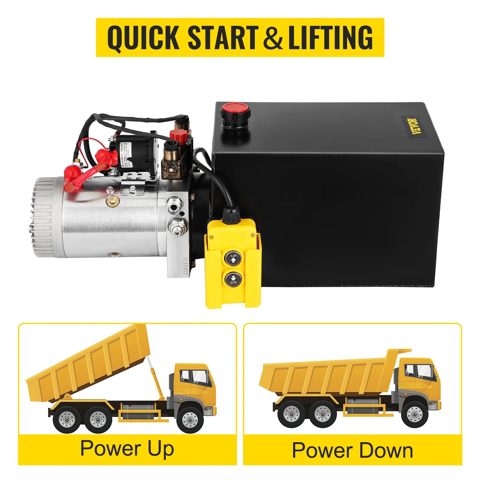 Bomba hidráulica VEVOR con arranque rápido y elevación para camiones, subida y bajada eléctrica.