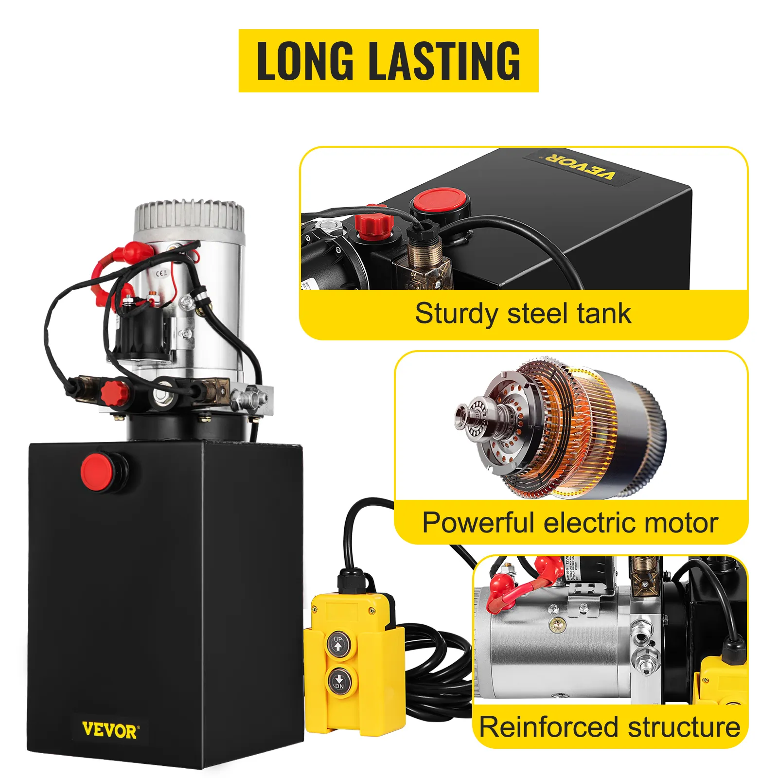 Bomba hidráulica VEVOR con tanque de acero robusto, potente motor eléctrico y estructura reforzada.
