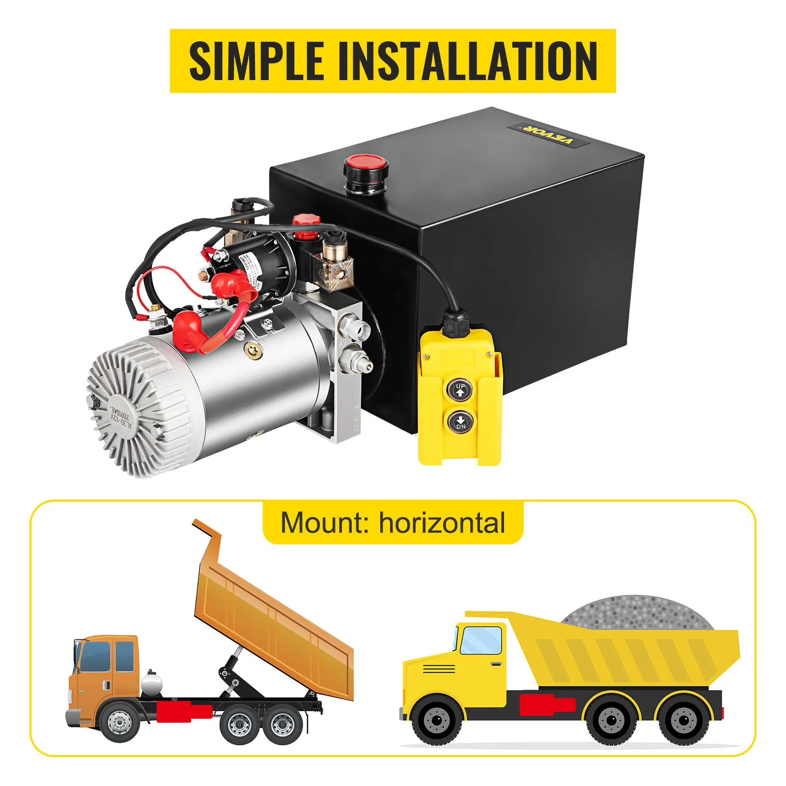 Bomba hidráulica VEVOR con montaje horizontal, que muestra una instalación sencilla para camiones.