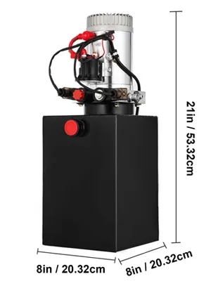 Bomba hidráulica VEVOR, 21 pulgadas de alto, negra con motor cilíndrico y cables de control rojos.