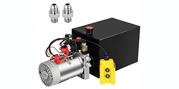 Bomba hidráulica VEVOR con una caja de control amarilla, un tanque negro y dos conectores.