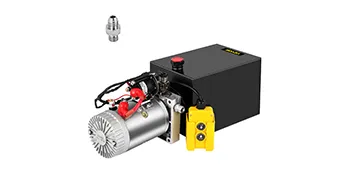 Bomba hidráulica para remolque volquete VEVOR de 12 V con control remoto amarillo y conector.