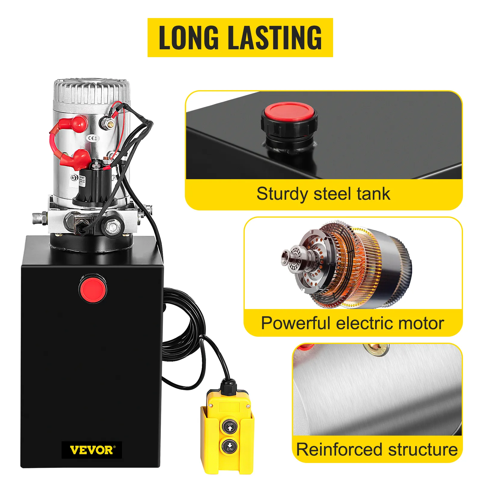 Bomba hidráulica para remolque volquete VEVOR de 12 V con tanque de acero resistente y potente motor eléctrico.