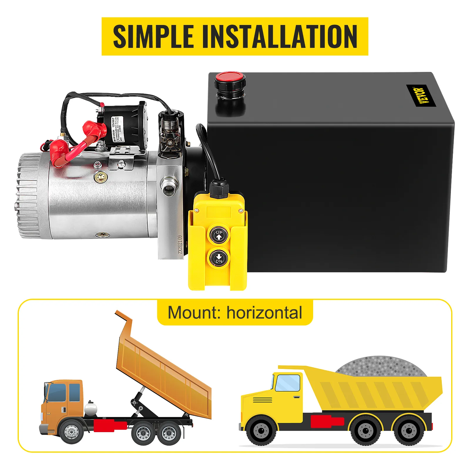 Bomba hidráulica para remolque volquete VEVOR de 12 V con instalación sencilla. Montaje horizontal.