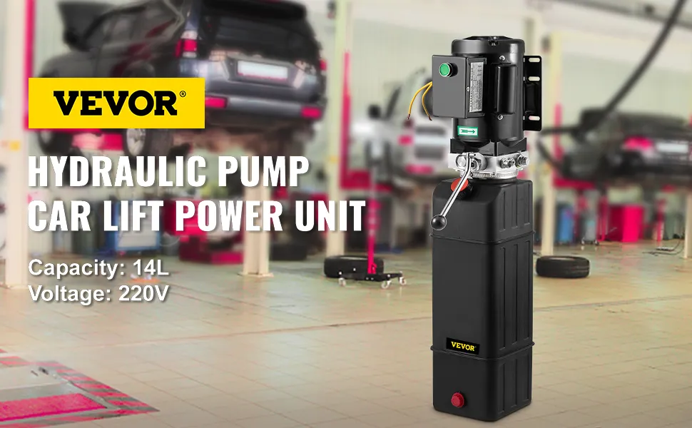 Bomba hidráulica VEVOR para elevadores de automóviles en un taller de reparación de automóviles donde se elevan automóviles.