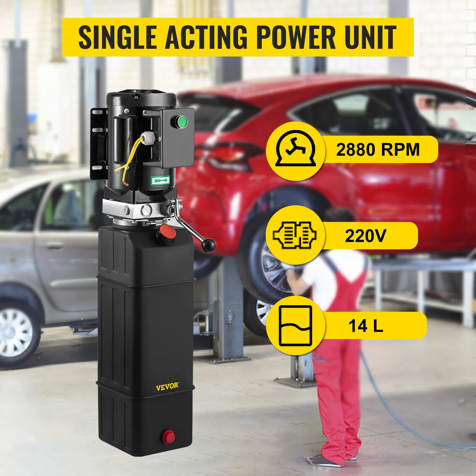 Bomba hidráulica VEVOR, unidad de potencia de simple efecto, 2880 rpm, 220v, capacidad 14l en taller.