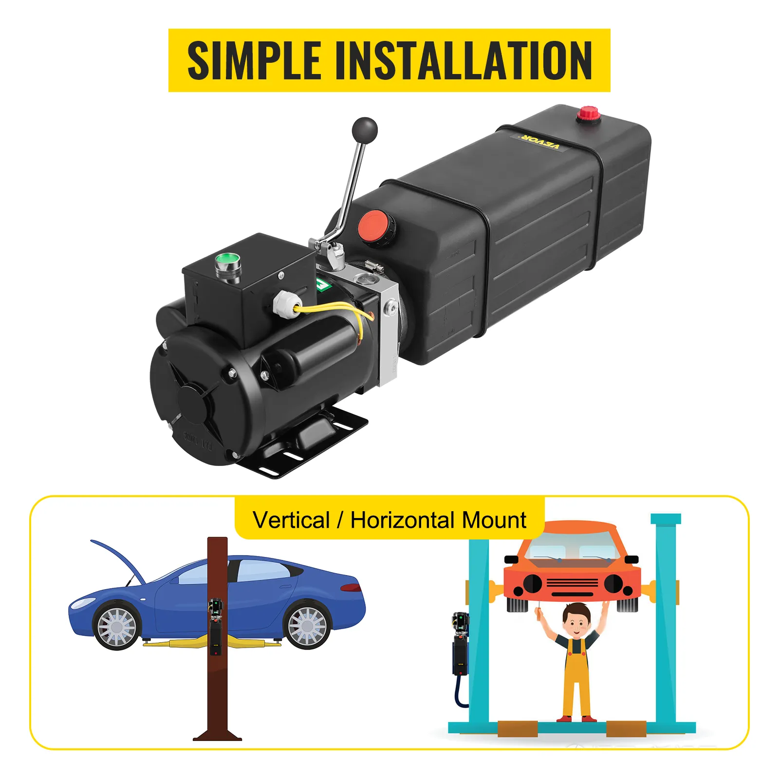 Bomba hidráulica VEVOR mostrada con instalación simple y opciones de montaje vertical/horizontal.