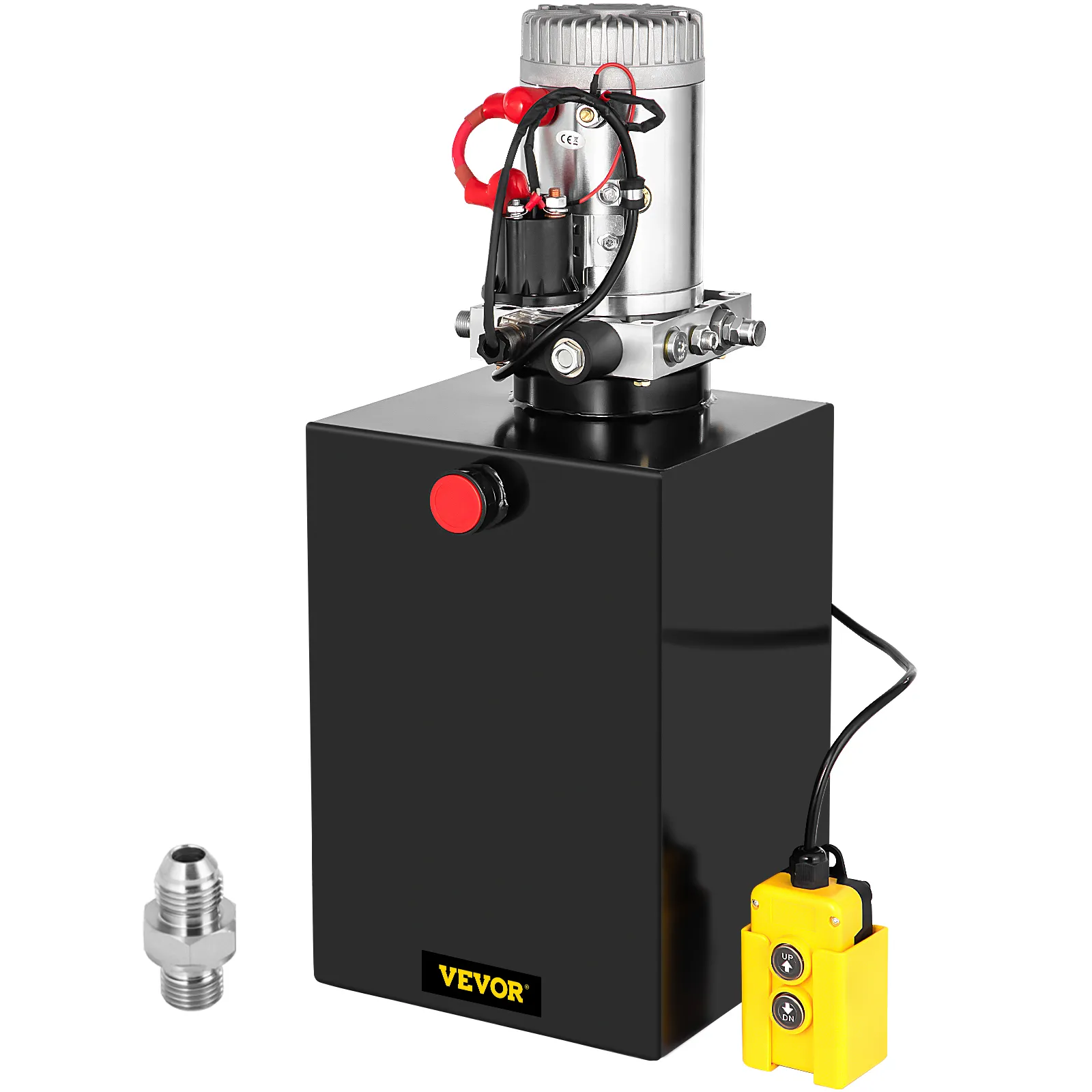 Bomba hidráulica VEVOR con interruptor de control, botón rojo y conector de metal.