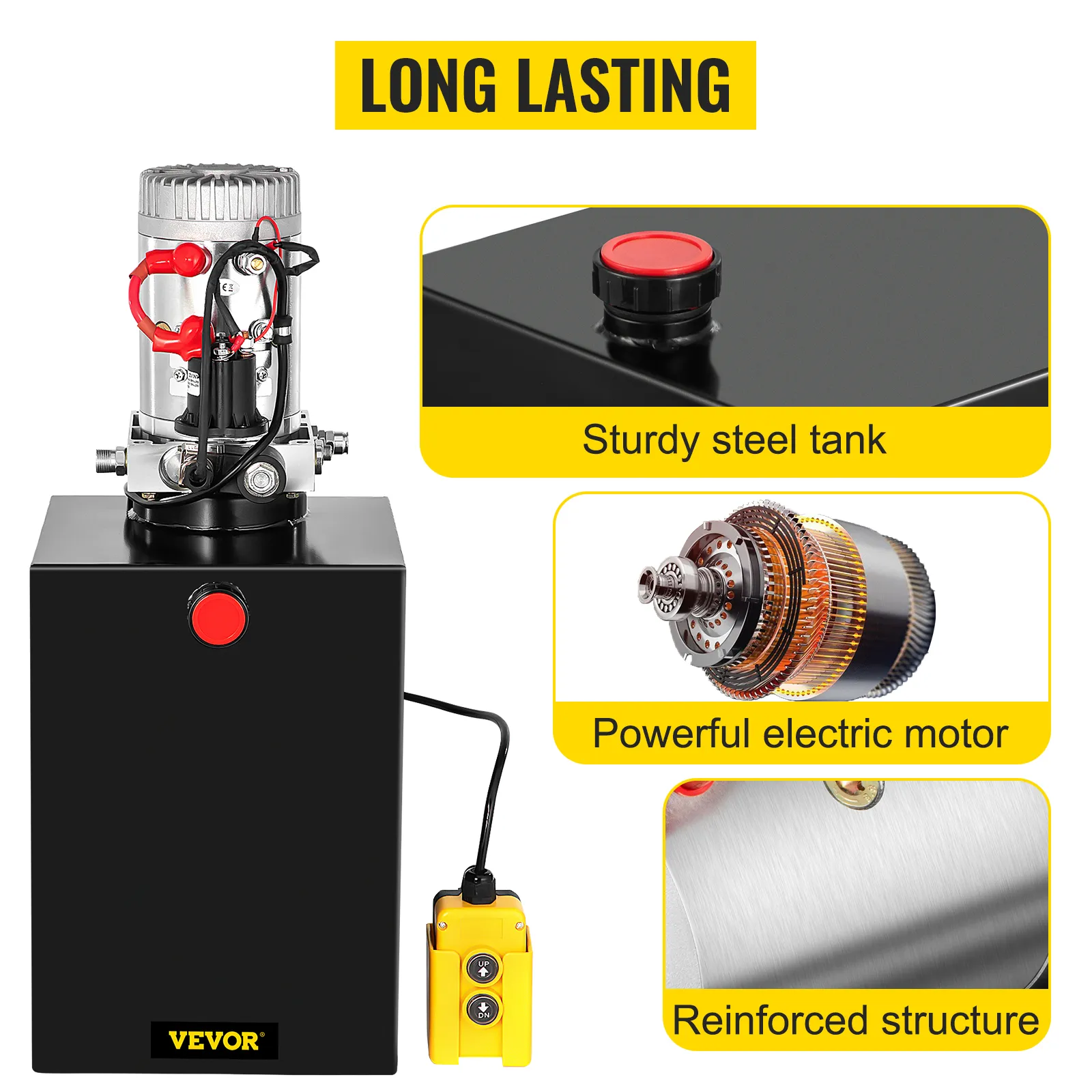 Bomba hidráulica VEVOR con tanque de acero robusto, potente motor eléctrico y estructura reforzada.