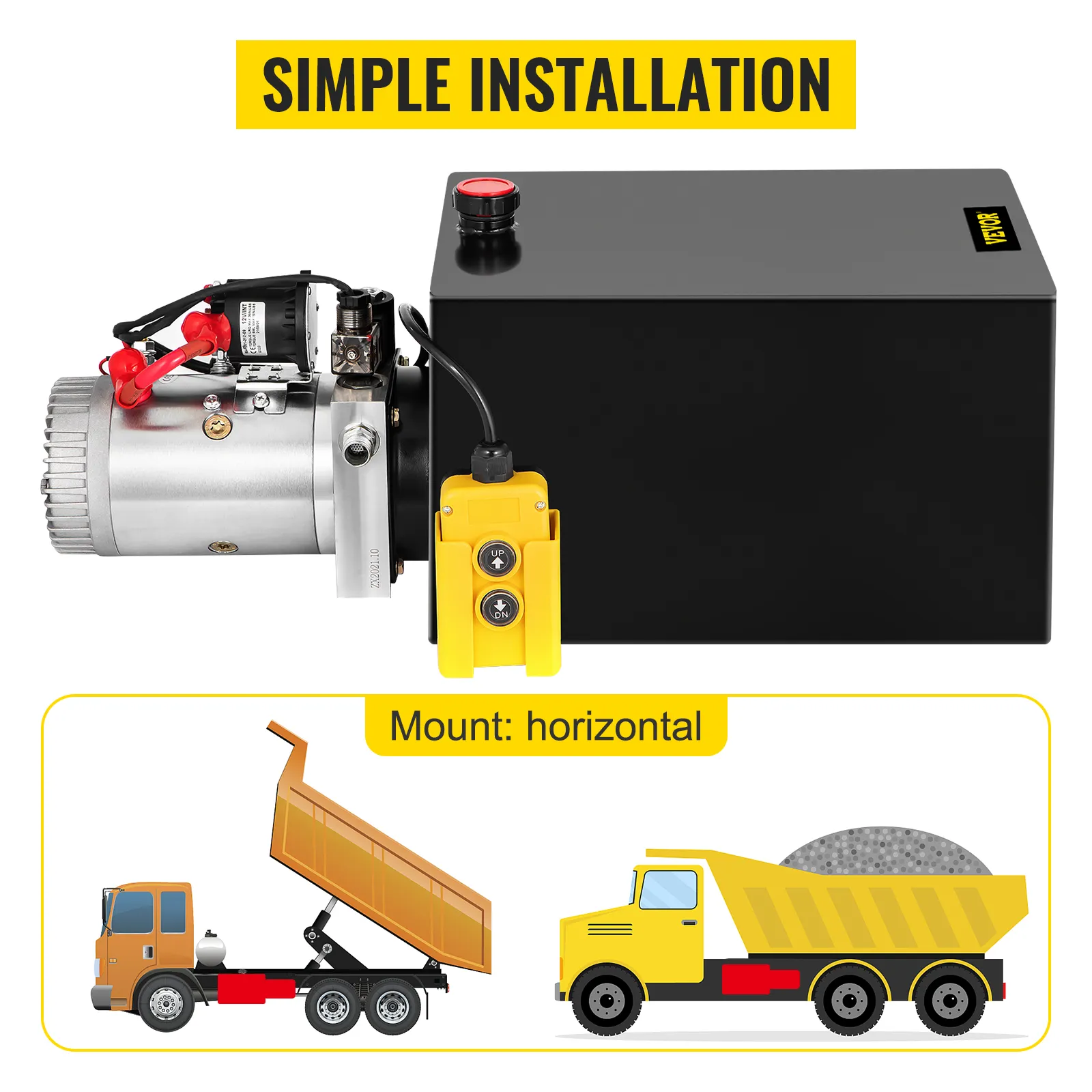 Bomba hidráulica VEVOR con montaje horizontal junto a la ilustración de un camión volquete. Instalación sencilla.