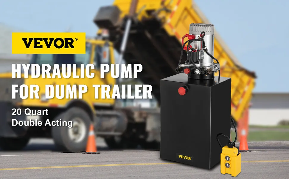 VEVOR hydraulic dump trailer pump next to yellow dump truck.