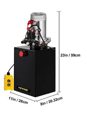 VEVOR hydraulic dump trailer pump with dimensions 23in x 11in x 8in. compact design.