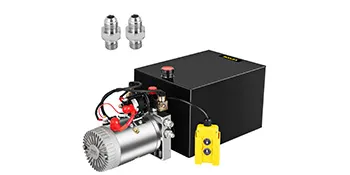 VEVOR hydraulic dump trailer pump with black box, yellow remote, and metal fittings.