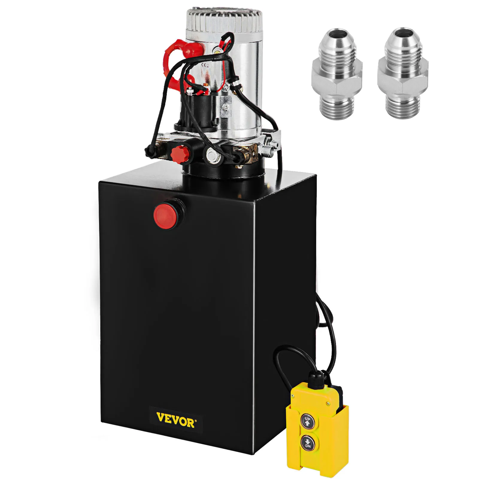 VEVOR hydraulic dump trailer pump with yellow remote and two hydraulic connectors.