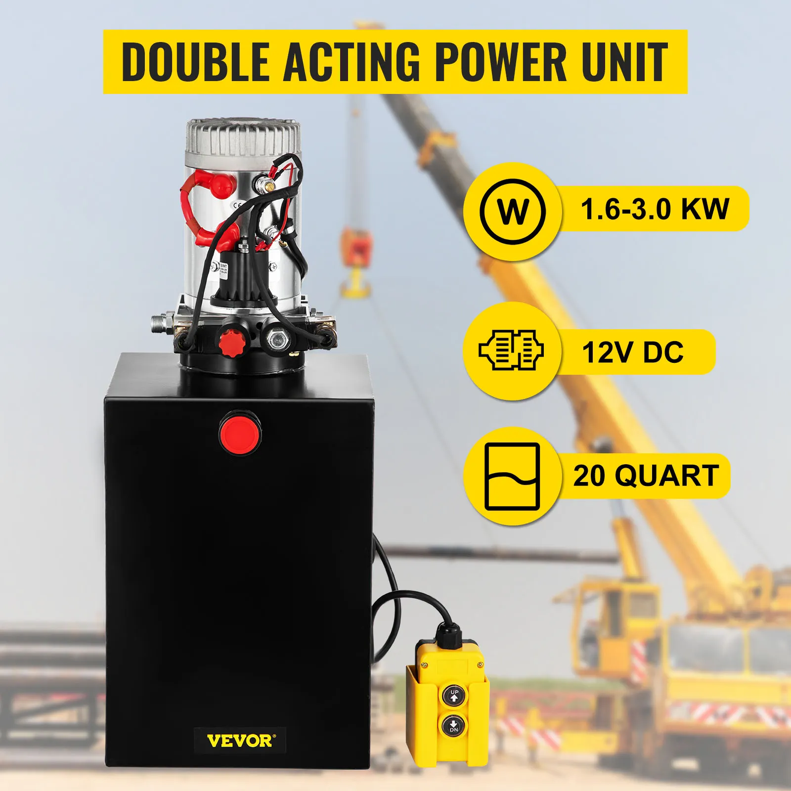 VEVOR hydraulic dump trailer pump with 20-quart capacity, 12v dc, and 1.6-3.0 kw power.