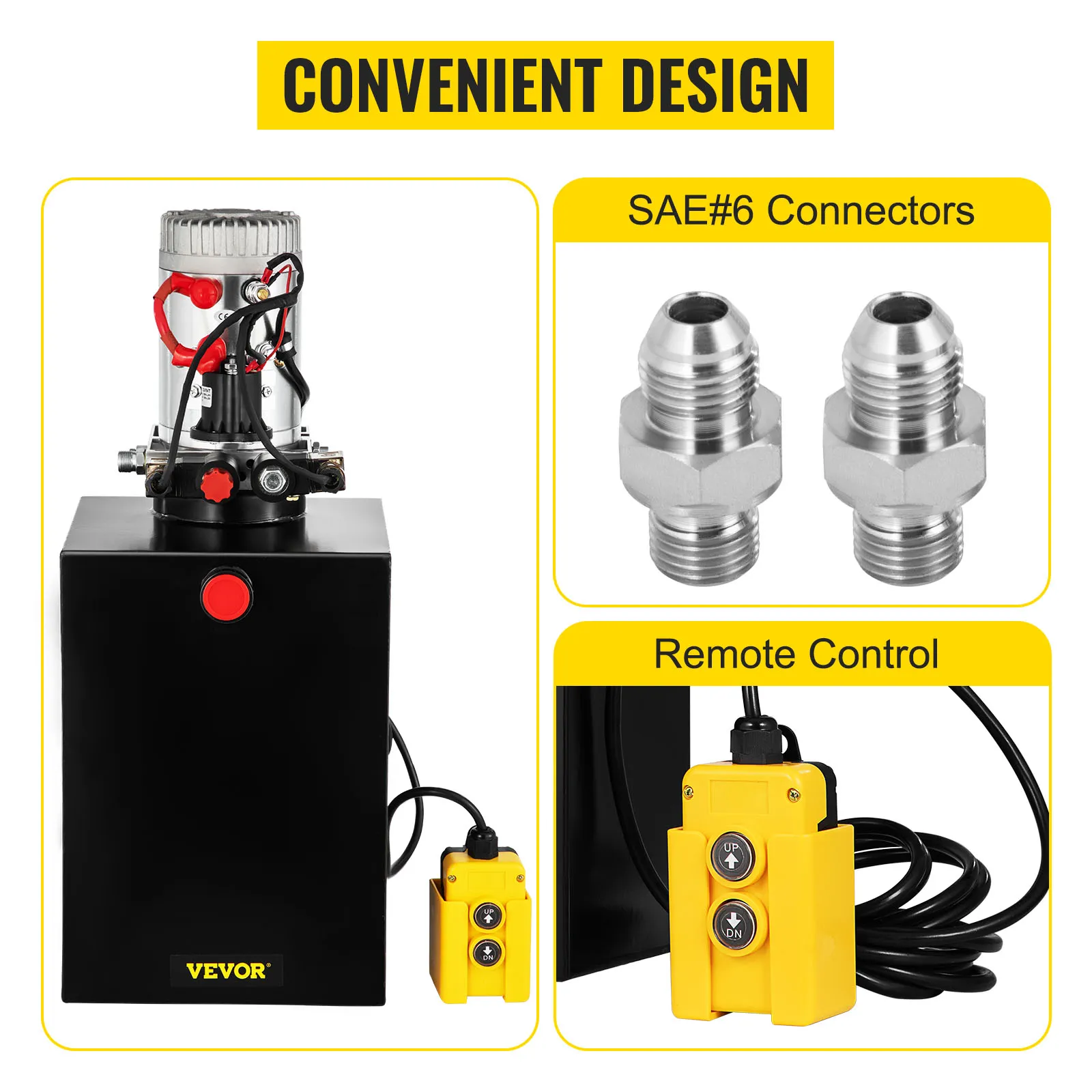 VEVOR hydraulic dump trailer pump with sae#6 connectors and remote control.