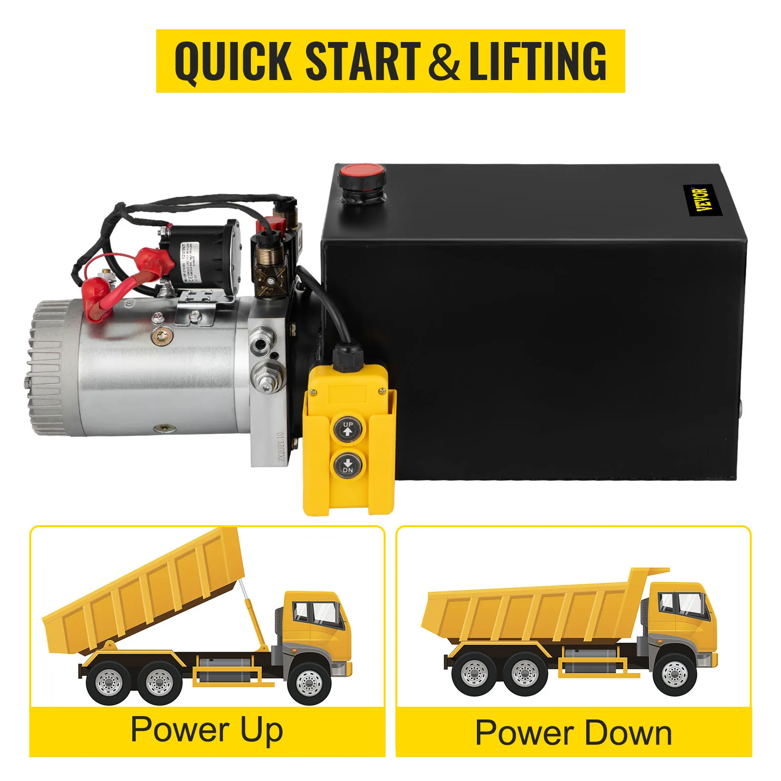 VEVOR hydraulic dump trailer pump, with quick start and lifting features.
