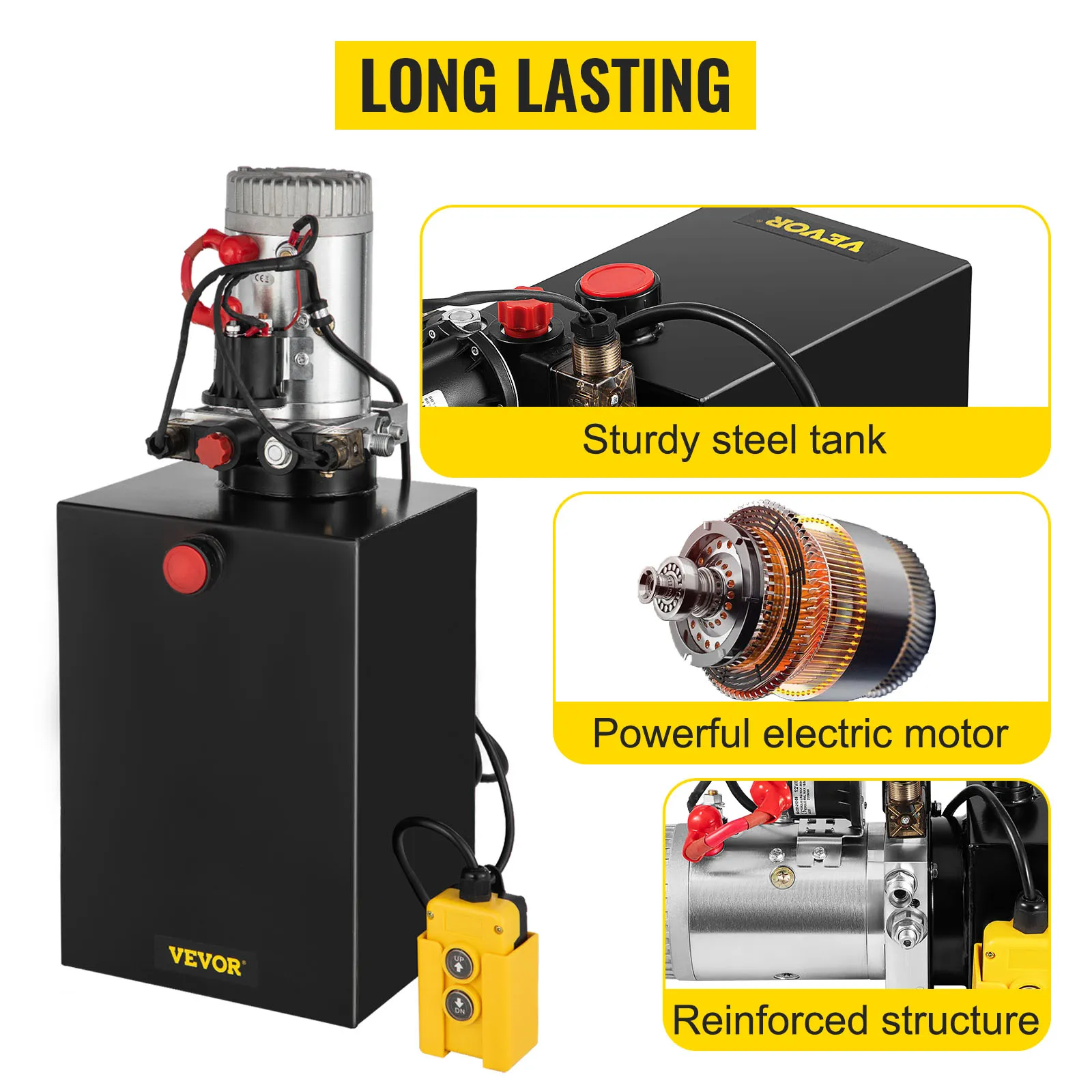 VEVOR hydraulic dump trailer pump featuring sturdy steel tank, powerful motor, reinforced structure.