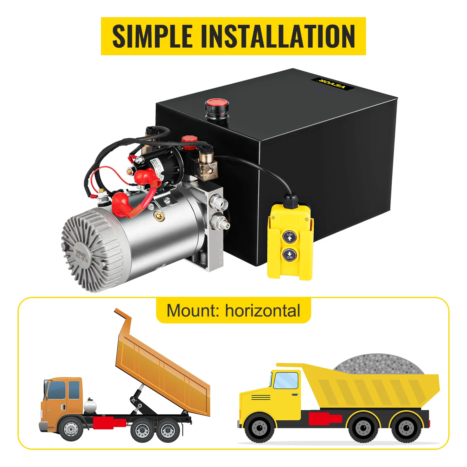 VEVOR hydraulic dump trailer pump with simple installation and horizontal mount.