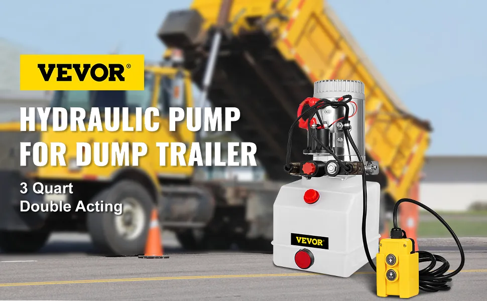 VEVOR hydraulic pump for dump trailer, 3 quart double acting, next to a dump truck.