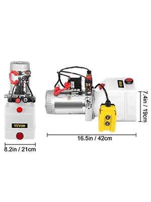 front and side views of the VEVOR hydraulic pump with dimensions displayed.