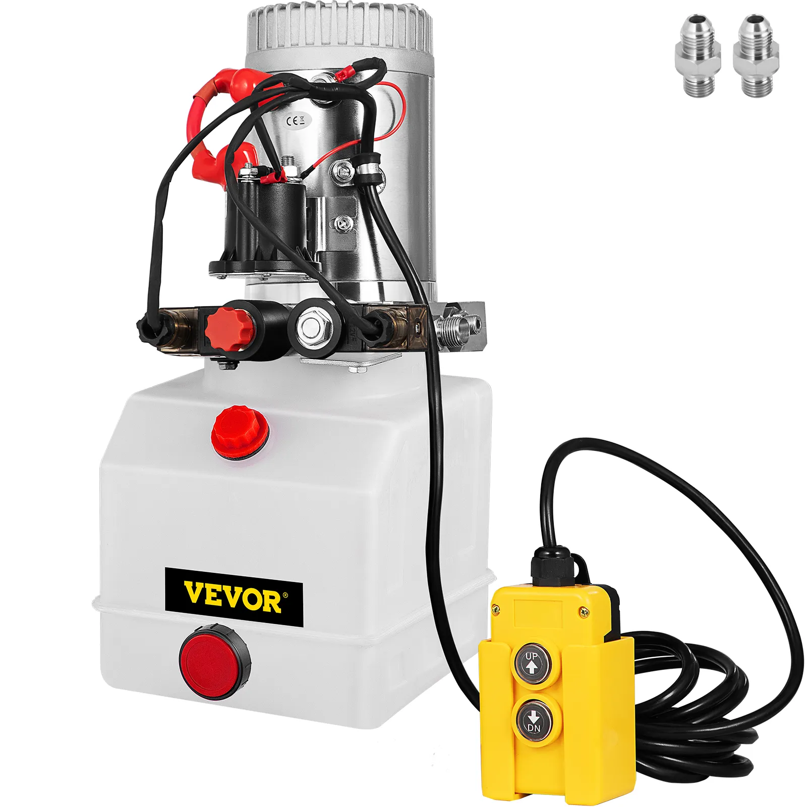VEVOR hydraulic pump with control switch and two metal fittings.