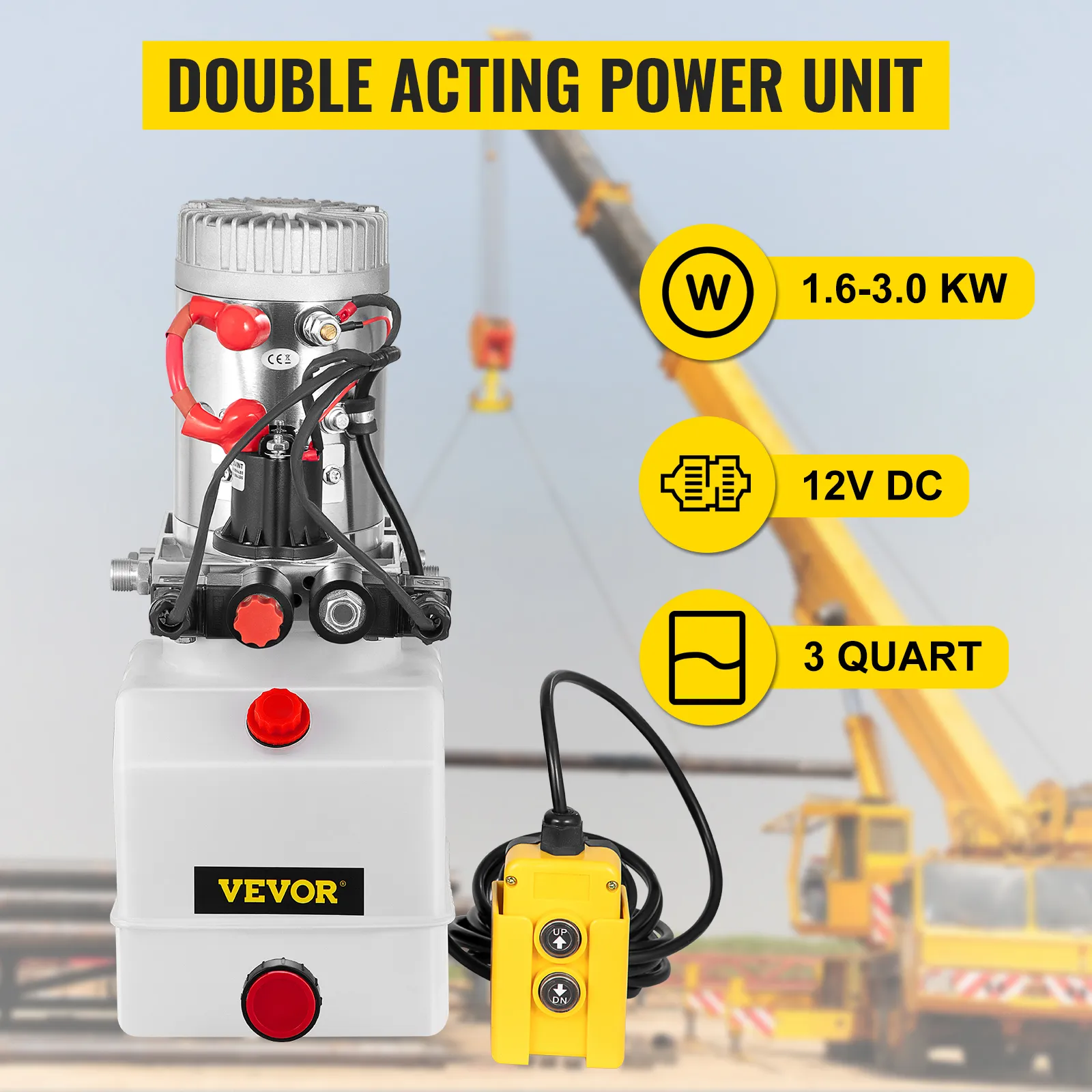 VEVOR hydraulic pump with control unit, 1.6-3.0 kw, 12v dc, 3-quart capacity.