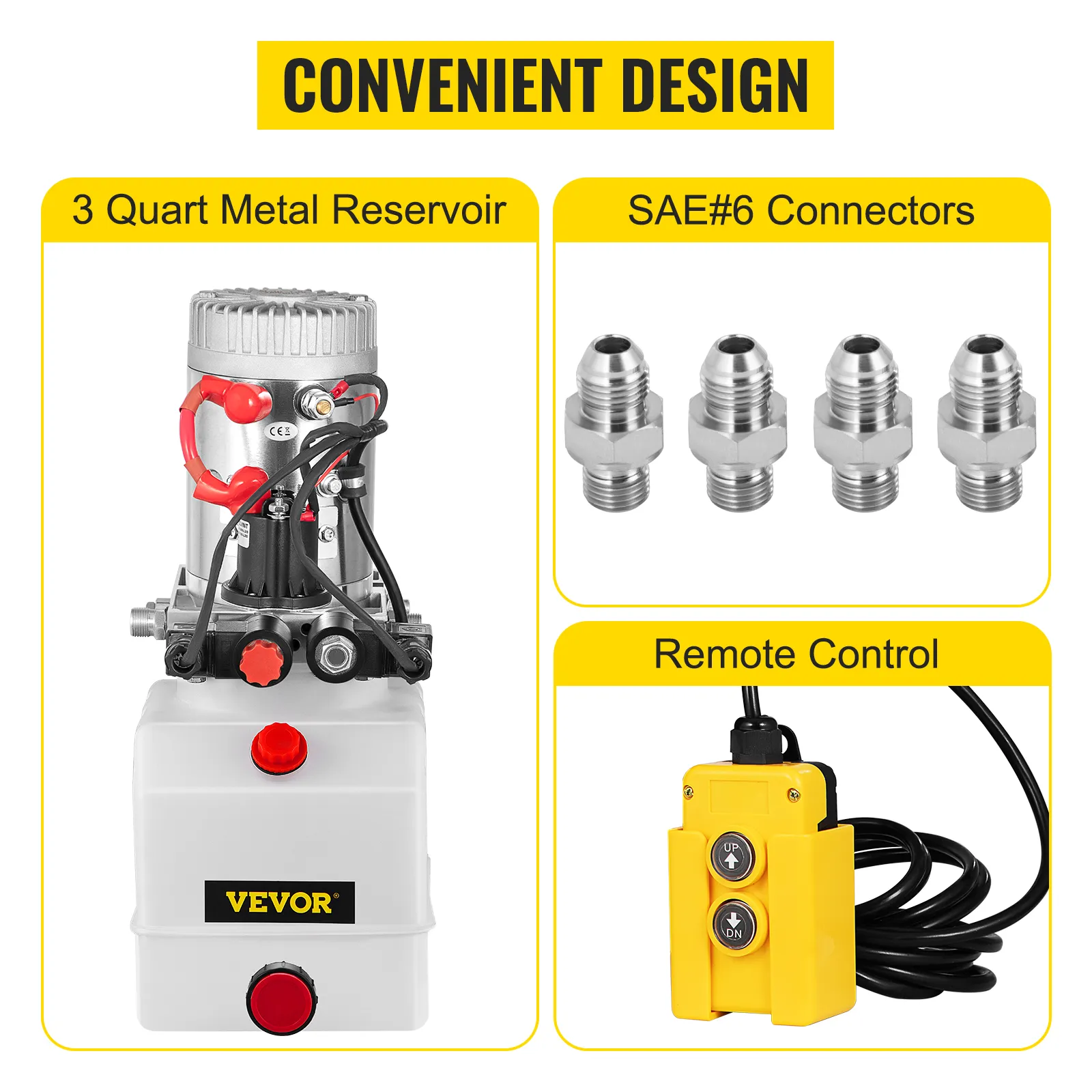 VEVOR hydraulic pump with 3-quart reservoir, sae#6 connectors, and remote control.