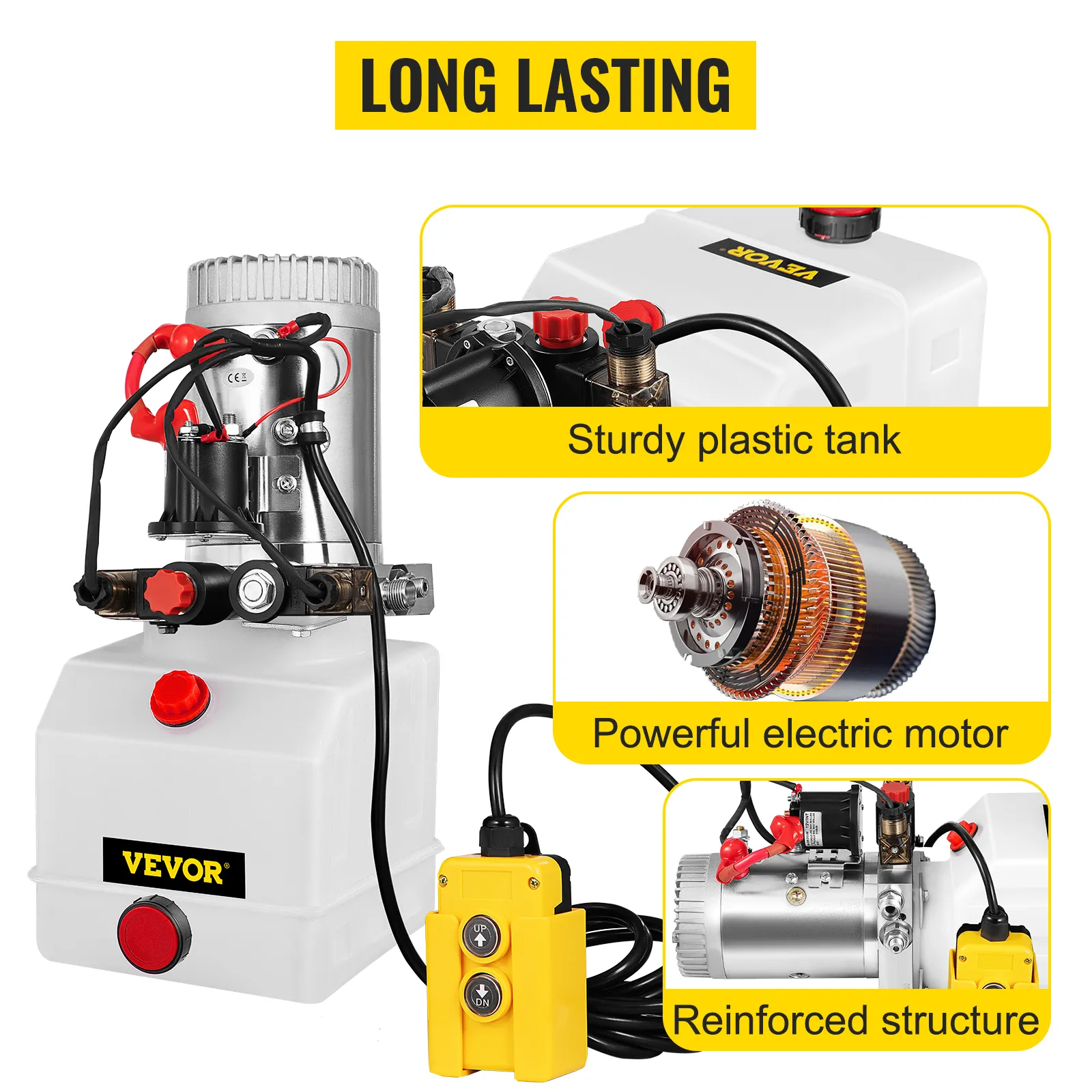 VEVOR hydraulic pump with a sturdy plastic tank, powerful electric motor, reinforced structure
