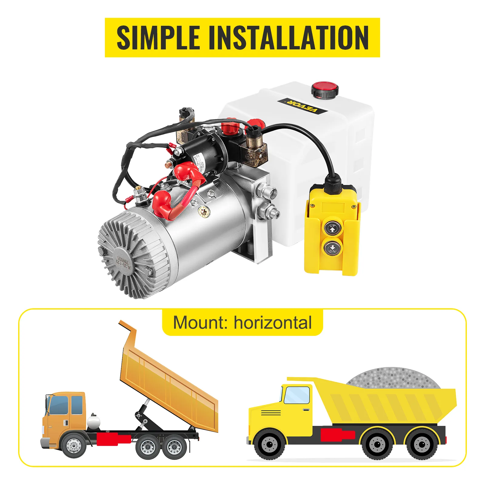 VEVOR hydraulic pump with simple installation for horizontal mounting on trucks.