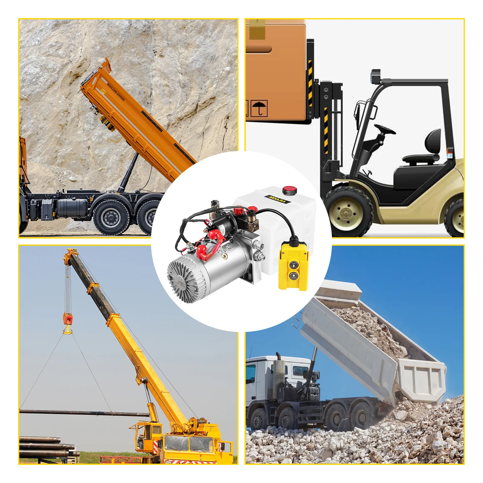 VEVOR hydraulic pump featured with crane, forklift, and dump truck applications.