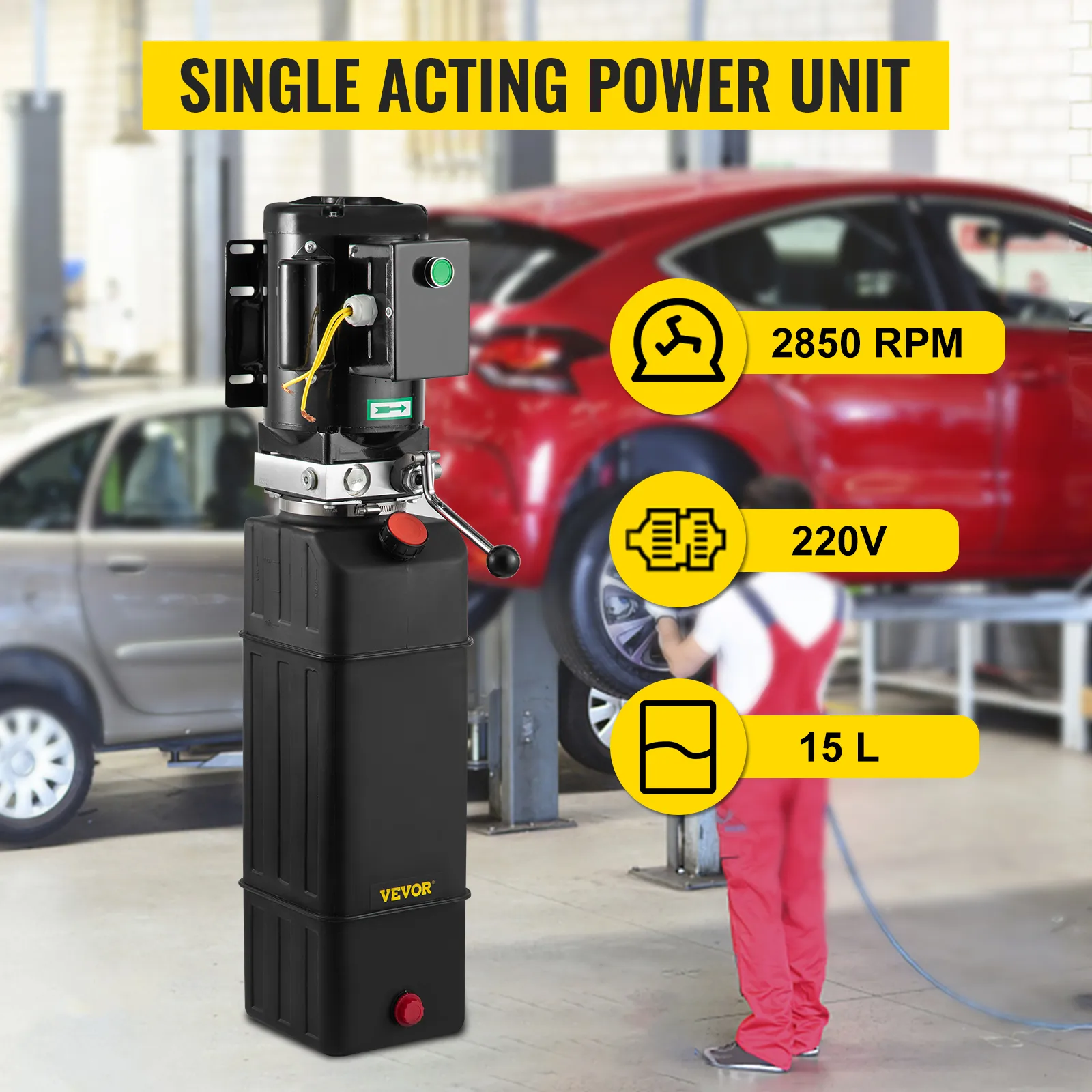 Bomba hidráulica VEVOR; simple efecto, 2850 rpm, 220v, 15l con coches al fondo.