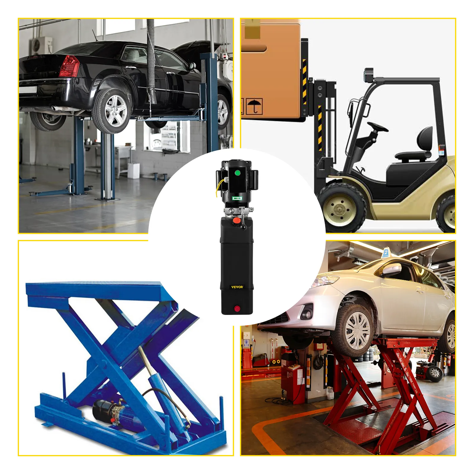Bomba hidráulica VEVOR que alimenta elevadores de automóviles y carretillas elevadoras, esencial para tareas pesadas.