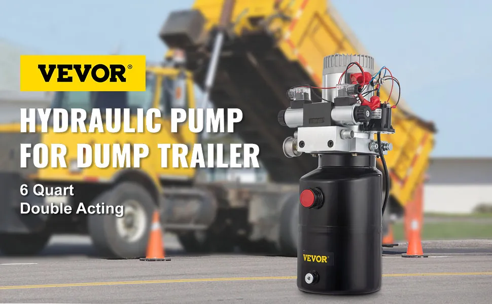 Unidad de potencia hidráulica VEVOR exhibida frente a un remolque volquete, 6 cuartos, doble acción.