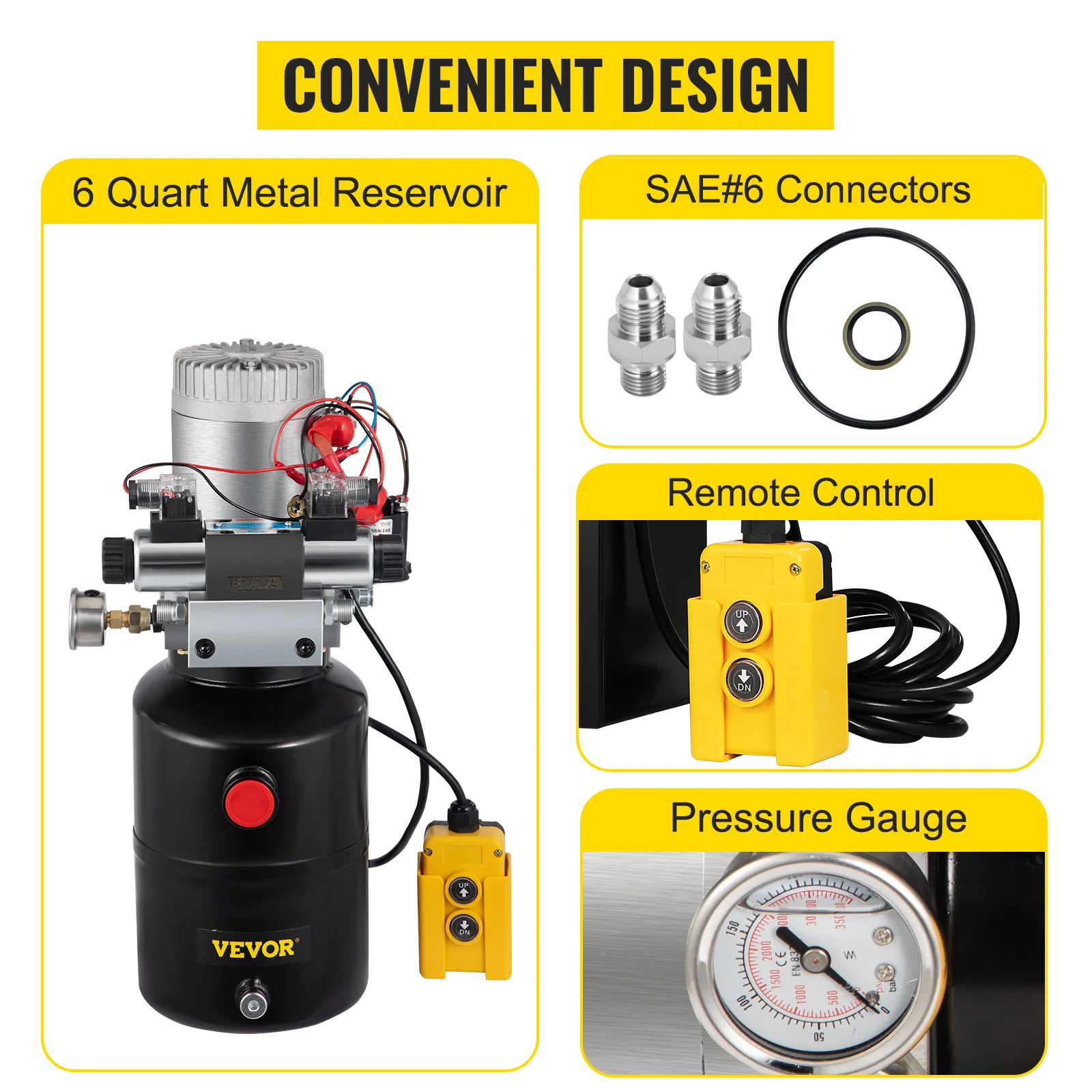 Unidad de potencia hidráulica VEVOR con control remoto, conectores sae # 6, manómetro y tanque de 6 cuartos.