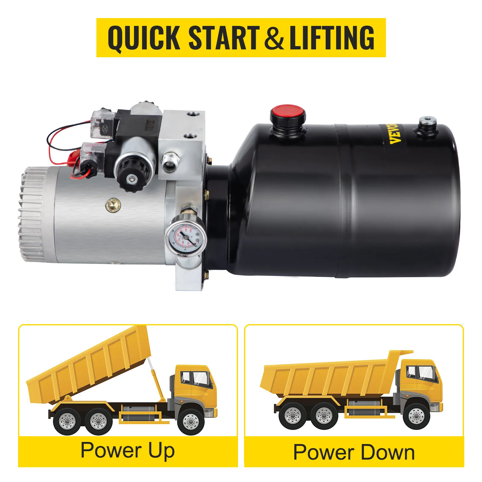Unidad de potencia hidráulica VEVOR para arranque rápido y elevación de camiones volquete.