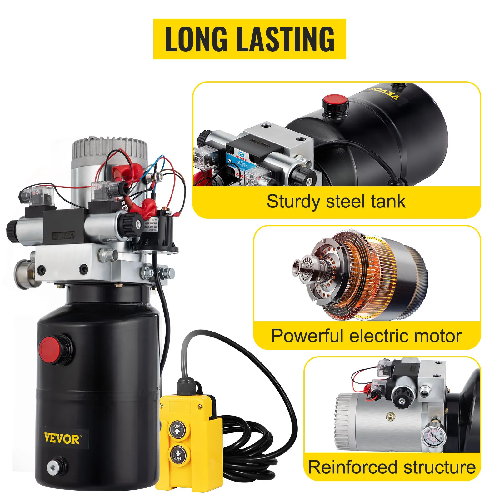 Unidad de potencia hidráulica VEVOR con tanque de acero resistente, potente motor eléctrico y estructura reforzada.